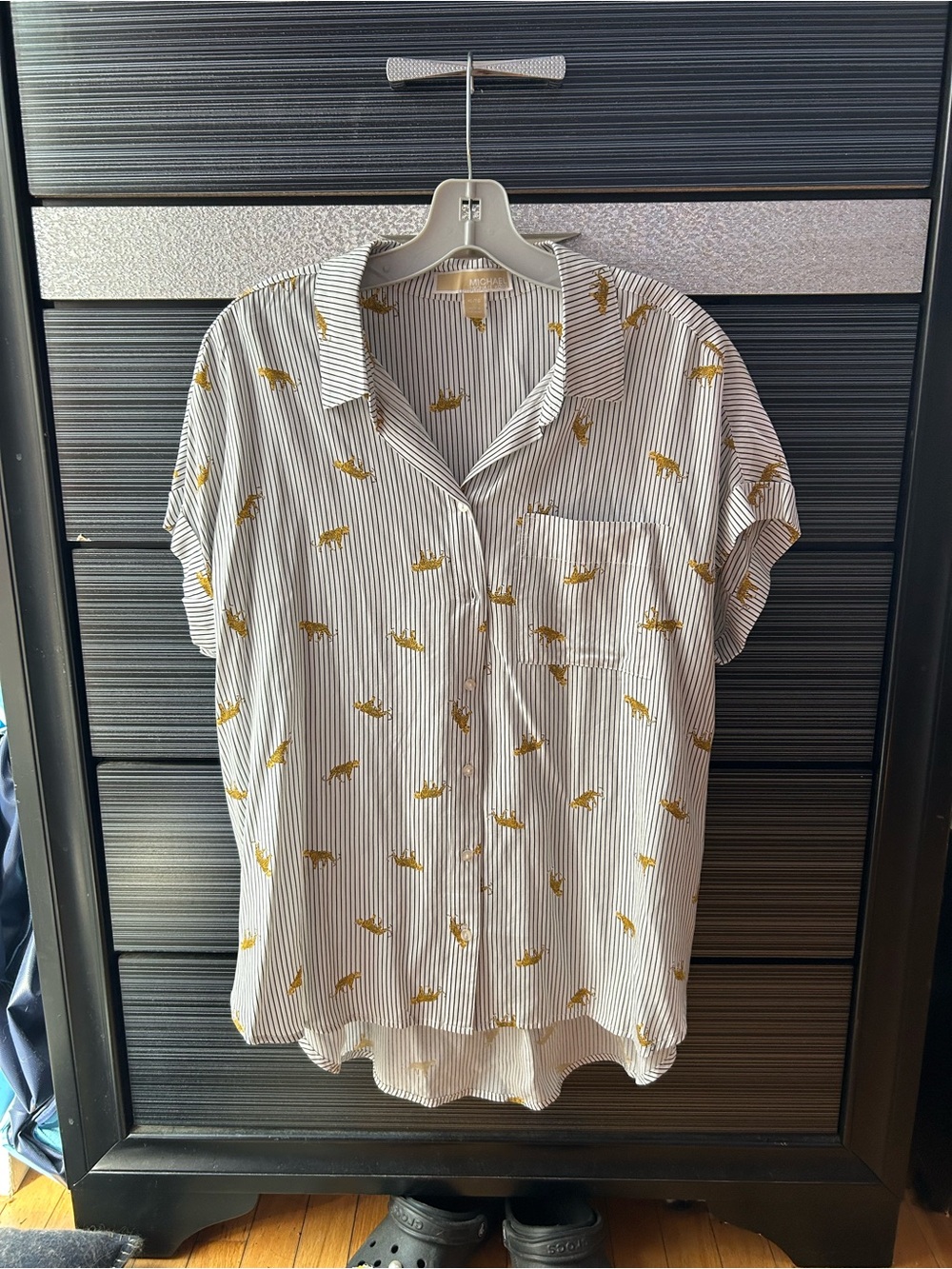 Michael Kors White Striped Button-Down Shirt with Gold Animal Print